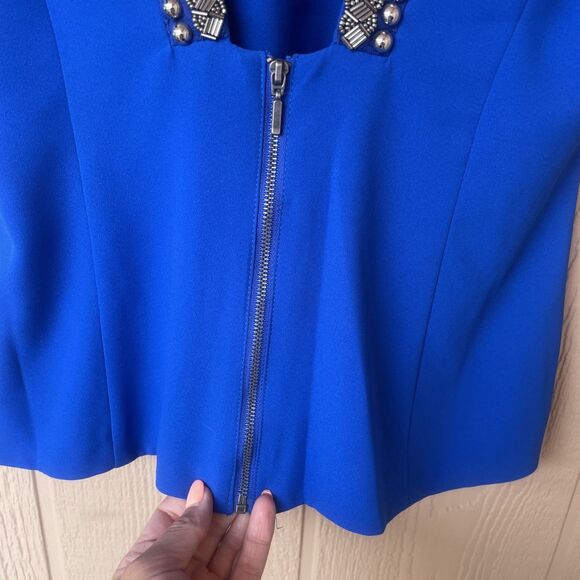 Vintage XOXO Jeans Beaded Bedazzled Top Blue Silver Zip Medium Y2K Cut Out - Picture 6 of 8